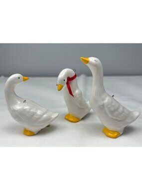 Set 3 Ceramic Goose Figurines White & Yellow Vintage Duck Decor 3" Tall